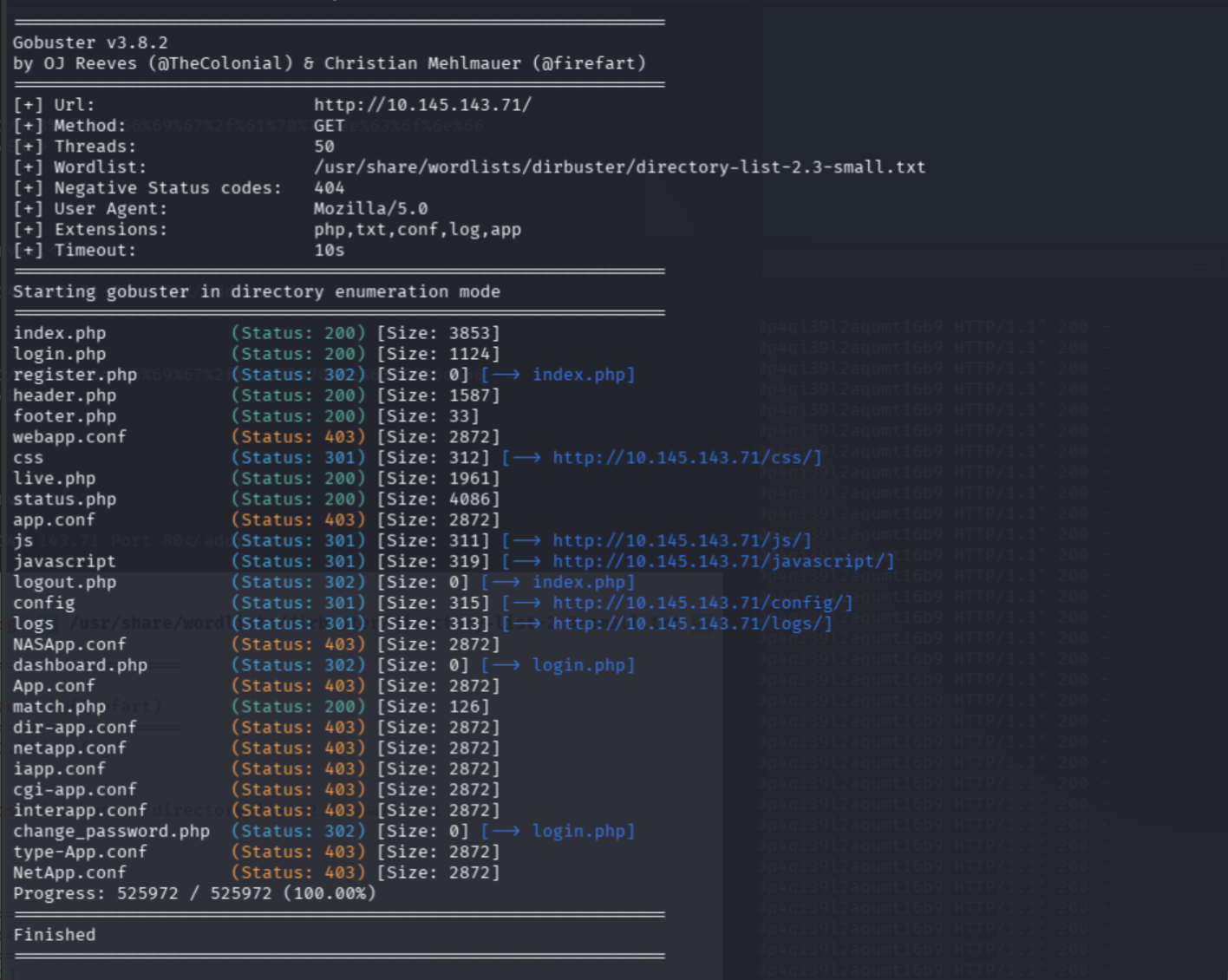 gobuster on /config/ showing all .conf requests returning 403 with 2872 bytes